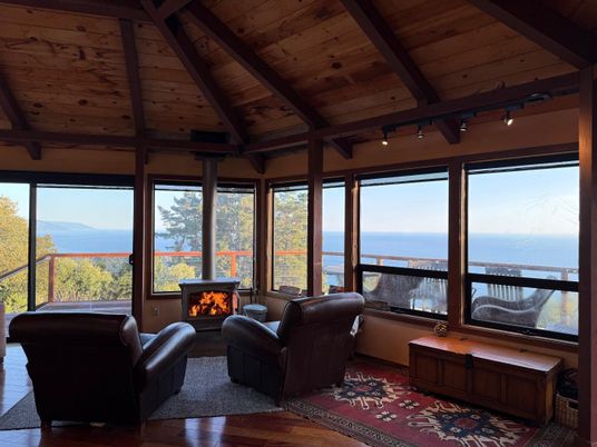 Fireplace, Interior, Living room, Sun Room, Water, Wooden Beams, Wooden Ceilings, Wood Texture Flooring