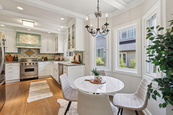 Chandelier, Dining room, Interior, Kitchen, Recessed Lighting, Stainless Steel Appliances, Wood Texture Flooring
