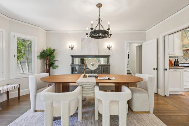 Dining room, Interior, Pendant Lights, Wood Texture Flooring