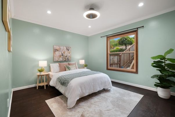 Bedroom, Interior, Recessed Lighting, Wood Texture Flooring