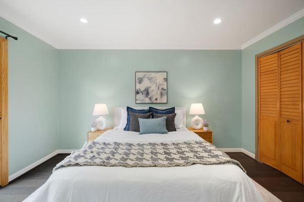 Bedroom, Interior, Recessed Lighting, Wood Texture Flooring
