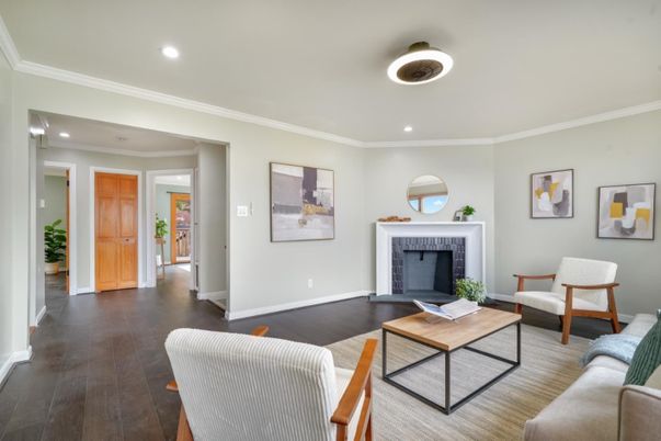 Fireplace, Interior, Living room, Recessed Lighting, Wood Texture Flooring