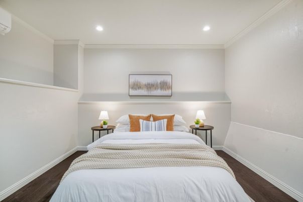 Bedroom, Interior, Recessed Lighting, Wood Texture Flooring