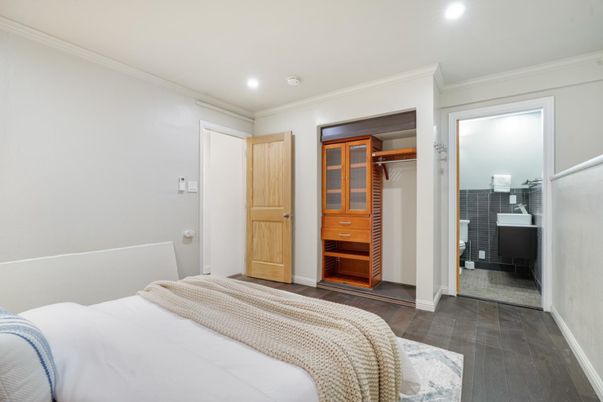 Bedroom, Interior, Recessed Lighting, Wood Texture Flooring