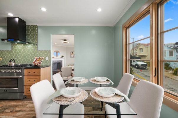 Dining room, Interior, Kitchen, Recessed Lighting, Stainless Steel Appliances, Wood Texture Flooring