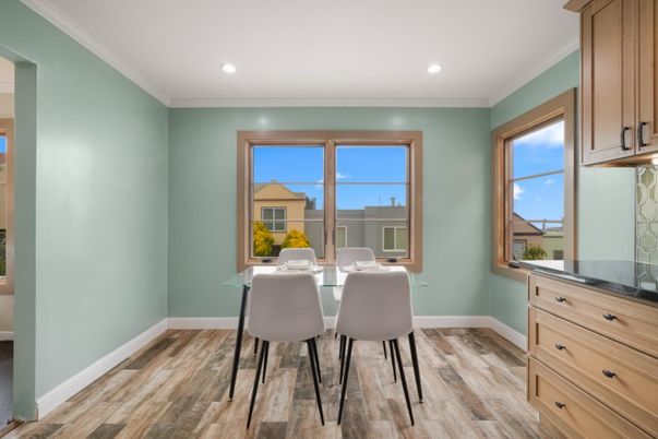 Dining room, Interior, Recessed Lighting, Wood Texture Flooring