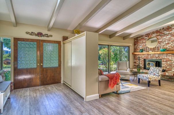 Fireplace, Interior, Living room, Stone Walls, Wood Texture Flooring