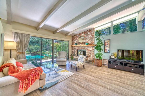 Fireplace, Interior, Living room, Stone Walls, Wood Texture Flooring