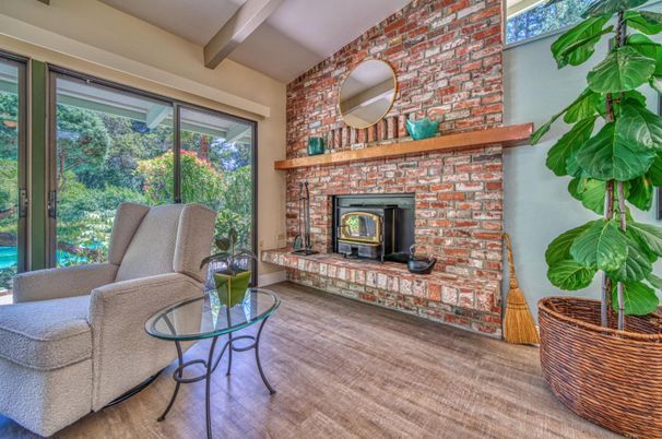 Fireplace, Interior, Living room, Stone Walls, Wood Texture Flooring