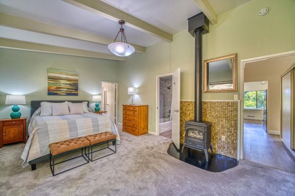 Bedroom, Fireplace, Interior, Pendant Lights, Wood Texture Flooring