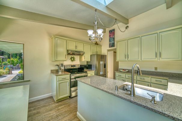Chandelier, Interior, Kitchen, Stainless Steel Appliances, Wood Texture Flooring