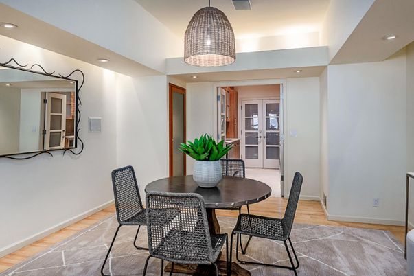 Dining room, Interior, Recessed Lighting, Wood Texture Flooring