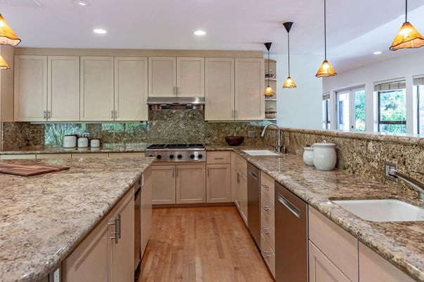 Interior, Kitchen, Pendant Lights, Recessed Lighting, Stainless Steel Appliances, Wood Texture Flooring