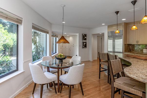 Dining room, Interior, Pendant Lights, Recessed Lighting, Wood Texture Flooring
