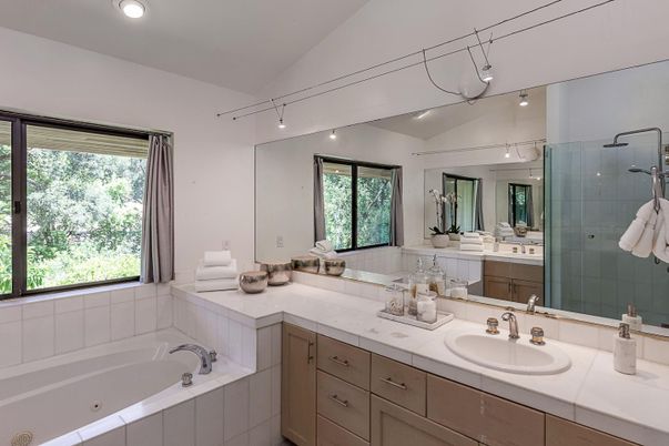 Bathroom, Dual Sink Vanities, Interior, Recessed Lighting, Tile Countertops