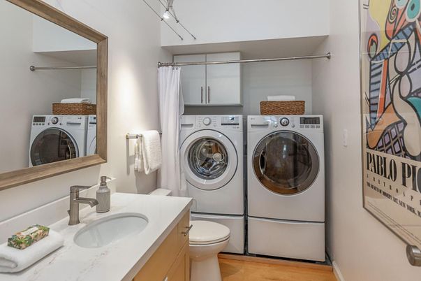 Bathroom, Interior, Utility Closets, Washer, Wood Texture Flooring
