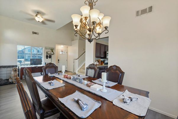Chandelier, Dining room, Interior, Wood Texture Flooring