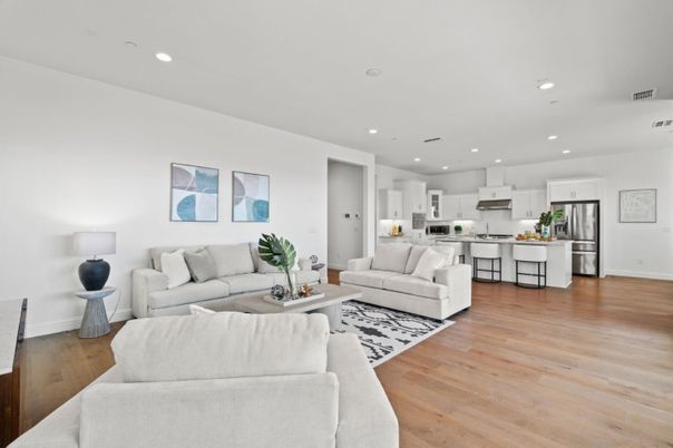 Interior, Kitchen, Living room, Recessed Lighting, Stainless Steel Appliances, Wood Texture Flooring