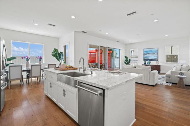 Dining room, Interior, Kitchen, Living room, Recessed Lighting, Stainless Steel Appliances, Wood Texture Flooring