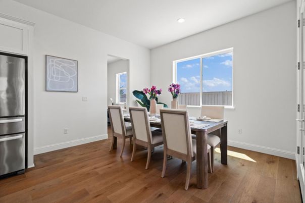 Dining room, Interior, Recessed Lighting, Stainless Steel Appliances, Wood Texture Flooring