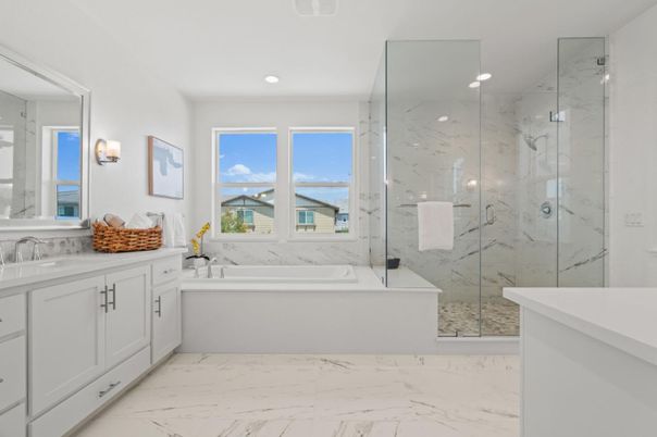 Bathroom, Dual Sink Vanities, Glass Shower, Interior, Marble, Marble Walls, Recessed Lighting