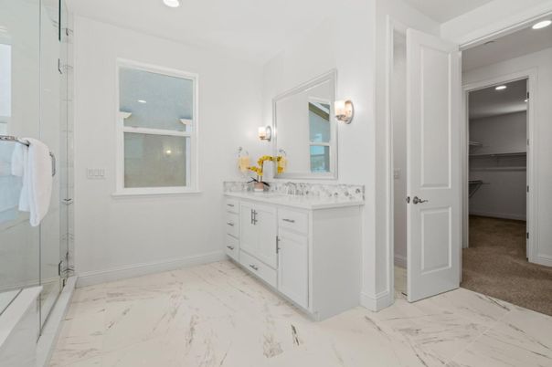 Bathroom, Dual Sink Vanities, Interior, Marble, Recessed Lighting