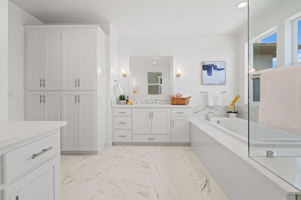 Bathroom, Dual Sink Vanities, Glass Shower, Interior, Marble, Recessed Lighting