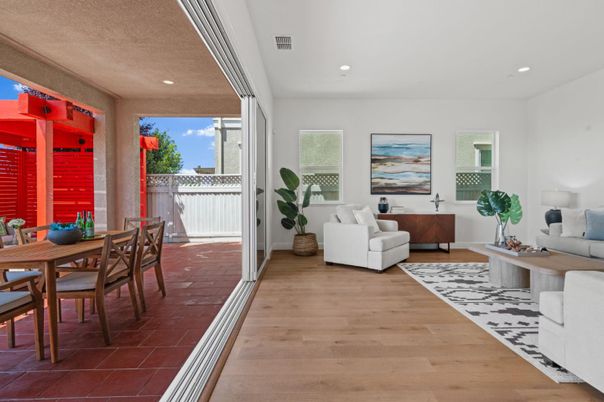 Dining room, Interior, Living room, Recessed Lighting, Wood Texture Flooring