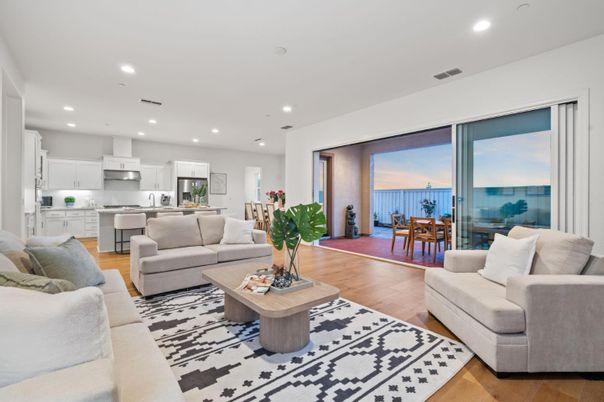 Dining room, Interior, Kitchen, Living room, Recessed Lighting, Stainless Steel Appliances, Water, Wood Texture Flooring