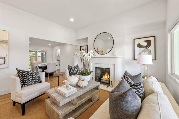 Dining room, Fireplace, Interior, Living room, Recessed Lighting, Wood Texture Flooring