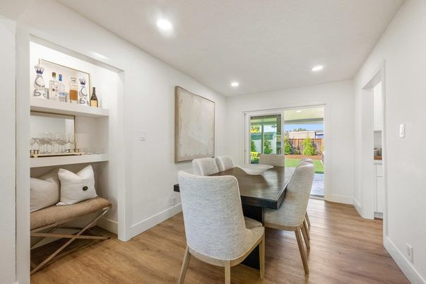 Dining room, Interior, Recessed Lighting, Wood Texture Flooring