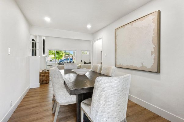 Dining room, Interior, Recessed Lighting, Wood Texture Flooring