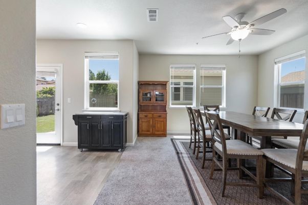 Dining room, Interior, Recessed Lighting, Wood Texture Flooring