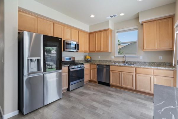 Interior, Kitchen, Recessed Lighting, Stainless Steel Appliances, Wood Texture Flooring