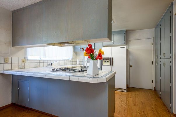 Interior, Kitchen, Tile Countertops, Wood Texture Flooring