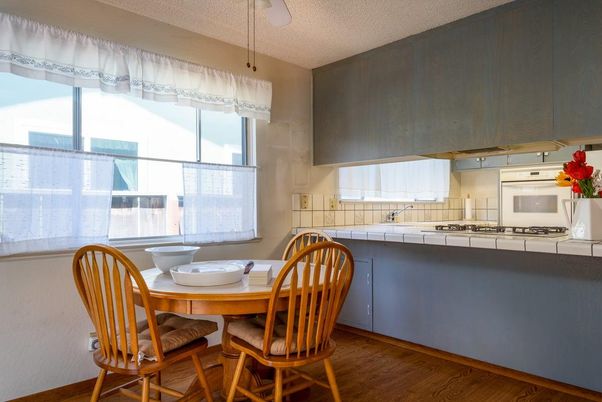 Dining room, Interior, Kitchen, Tile Countertops, Wood Texture Flooring