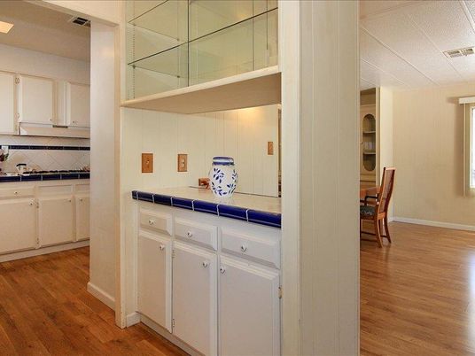 Interior, Kitchen, Tile Countertops, Wood Texture Flooring