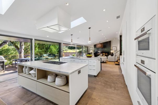 Fireplace, Interior, Kitchen, Living room, Pendant Lights, Recessed Lighting, Wood Texture Flooring