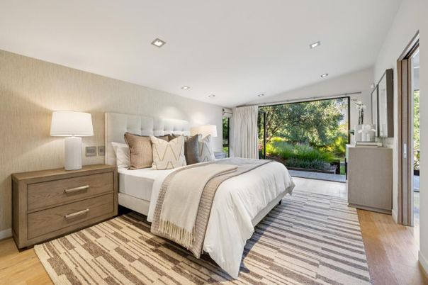 Bedroom, Interior, Recessed Lighting, Wood Texture Flooring