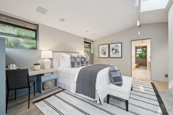 Bedroom, Interior, Pendant Lights, Recessed Lighting, Wood Texture Flooring