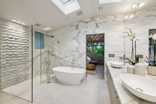 Bathroom, Dual Sink Vanities, Free Standing Baths, Glass Shower, Interior, Marble Walls, Recessed Lighting