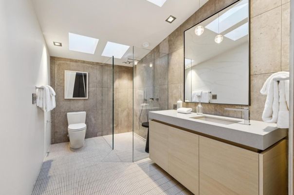 Bathroom, Glass Shower, Interior, Recessed Lighting