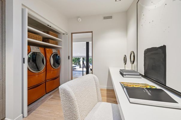 Home Office, Interior, Recessed Lighting, Washer, Wood Texture Flooring