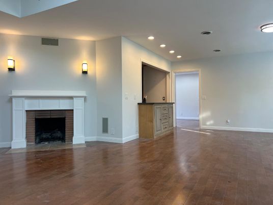 Empty room, Fireplace, Interior, Recessed Lighting, Wood Texture Flooring