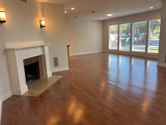 Empty room, Fireplace, Interior, Recessed Lighting, Wood Texture Flooring