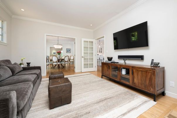 Dining room, Interior, Living room, Pendant Lights, Recessed Lighting, Wood Texture Flooring