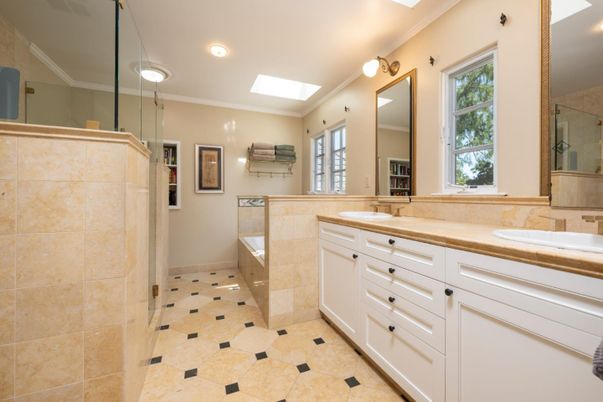 Bathroom, Dual Sink Vanities, Glass Shower, Interior, Recessed Lighting, Tile Countertops