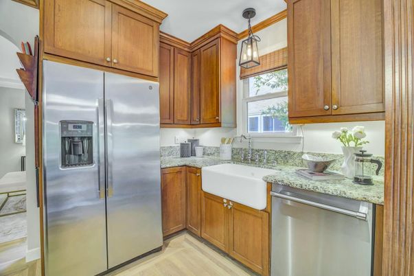 Interior, Kitchen, Pendant Lights, Stainless Steel Appliances, Wood Texture Flooring