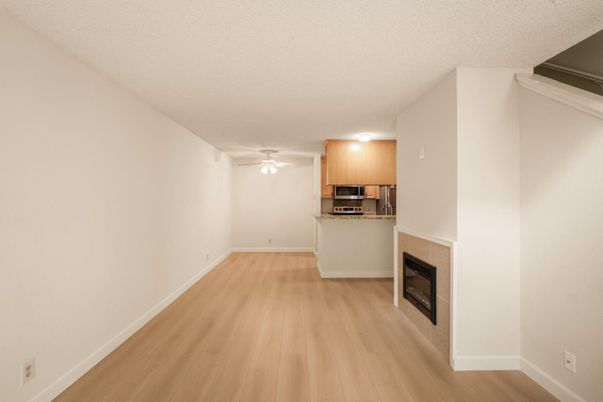 Empty room, Fireplace, Interior, Kitchen, Wood Texture Flooring