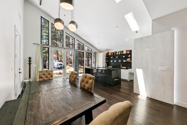 Dining room, Interior, Pendant Lights, Recessed Lighting, Wood Texture Flooring